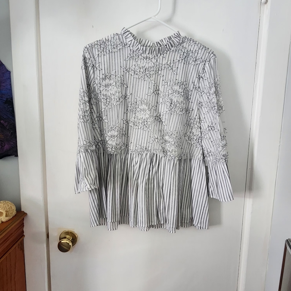 Zara Black and White Striped Floral Blouse